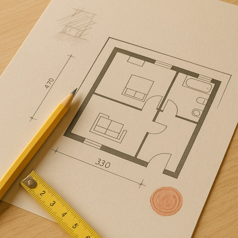 Detailaufnahme eines Architekturplans mit Bleistift und Maßband – Symbol für die präzise Auswahl passender Immobilienexperten durch vorarlberg.immobilien