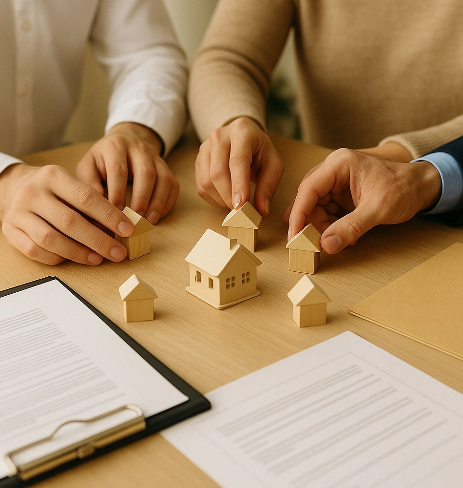 Holzhäuser als Symbol für das Partnernetzwerk von vorarlberg.immobilien, arrangiert von mehreren Händen am Tisch